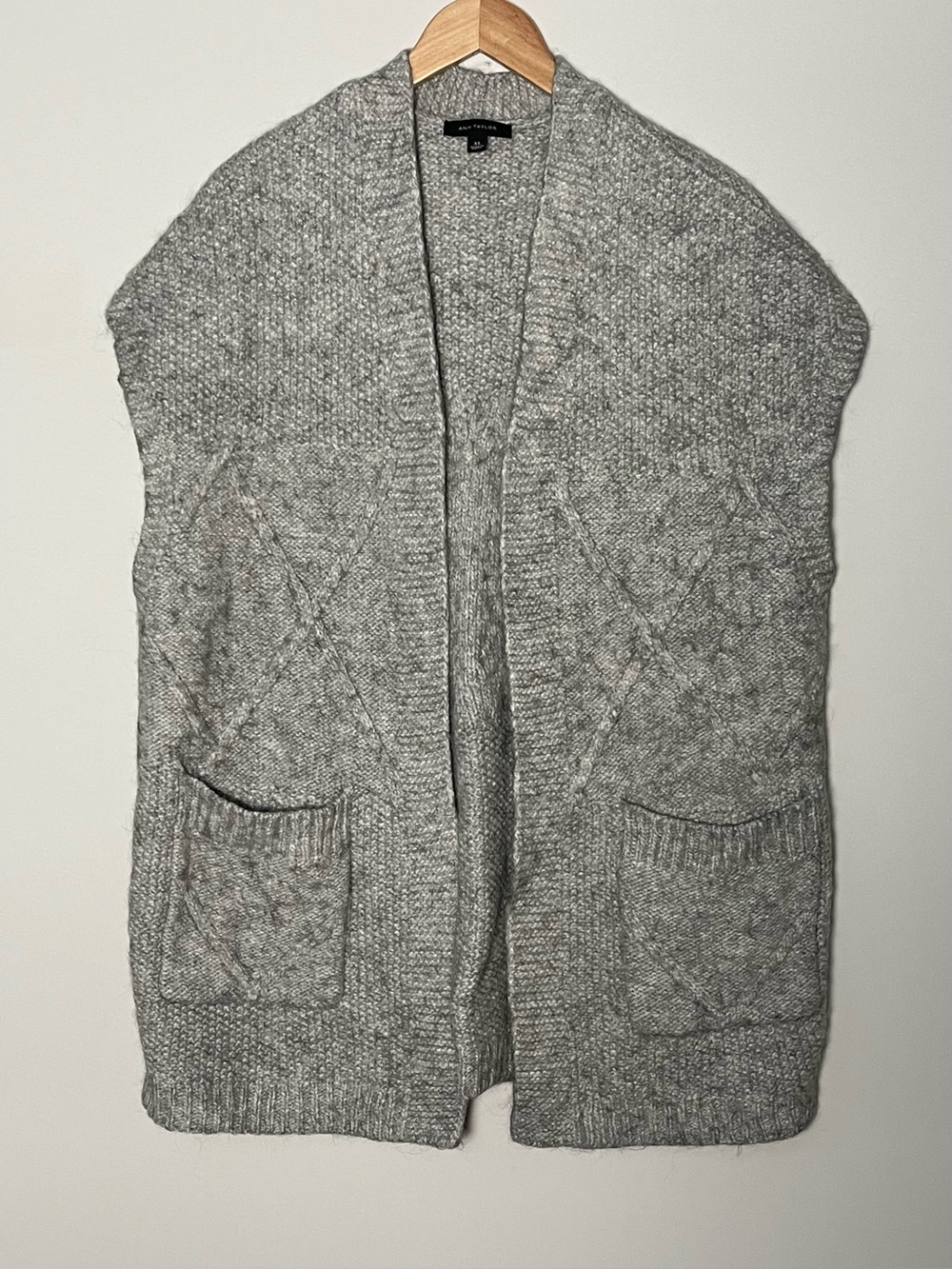 Ann Taylor | Gray Wool Alpaca Blend Open Front Sweater Vest Patch Pockets